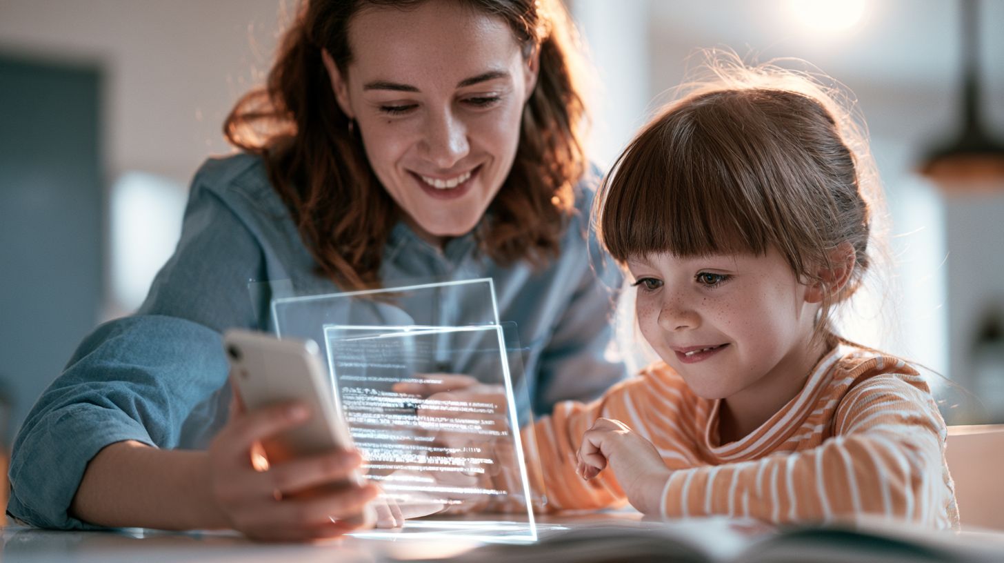 母親と子どもが、スマートフォンで教科書を読み取っている様子